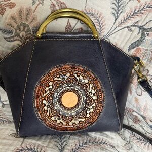 Boho Tooled Leather Crossbody Bag w/ Brass Handles-Vintage-Inspired